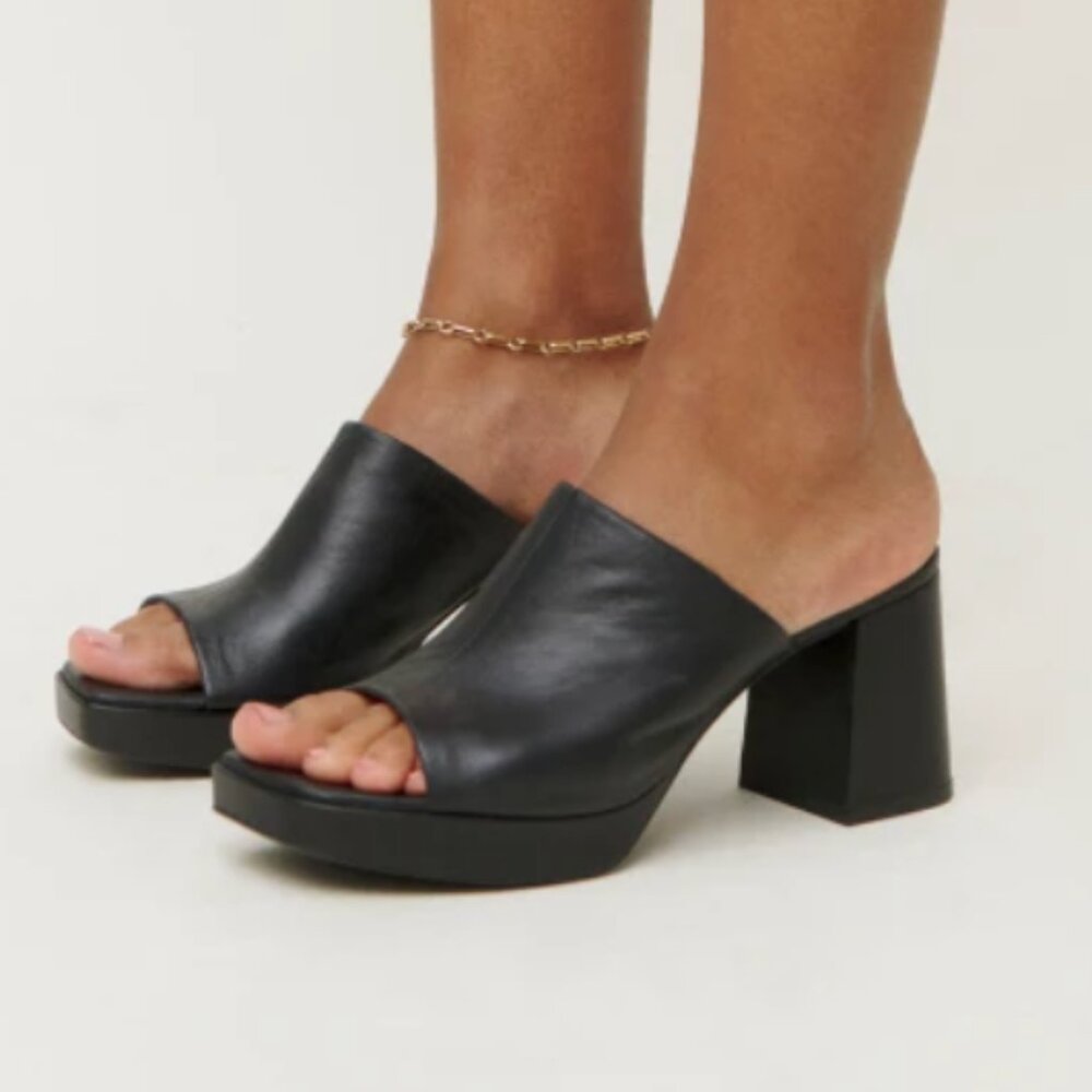 Reformation Ebony Leather Block Heel Mules